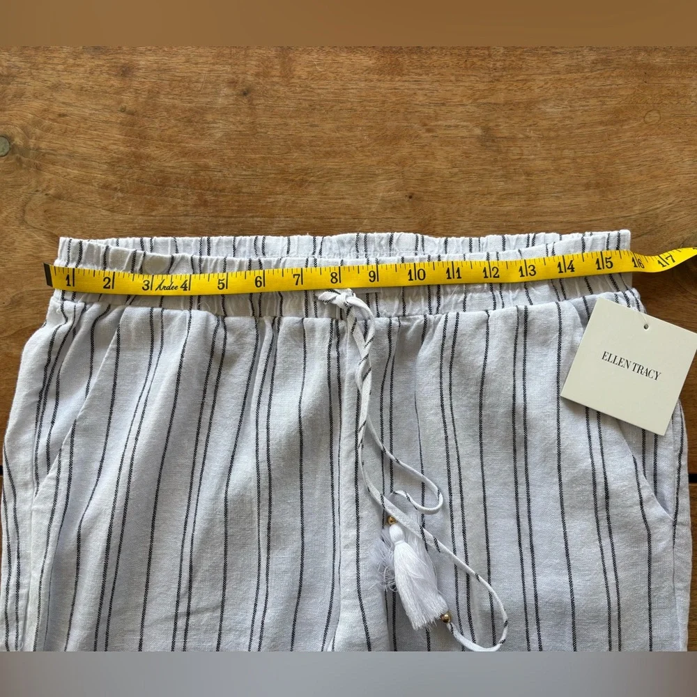 Ellen Tracy Linen Stripe Wide Leg Pants Women's Small White w/ Black pinstripes - Picture 13 of 15